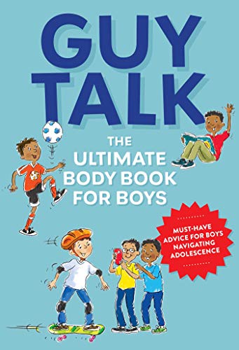 Book cover with cartoon boys playing sports and reading, titled "Guy Talk".