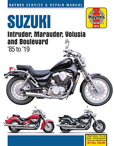 Haynes repair manual cover for Suzuki motorcycles featuring three cruiser motorcycle images.