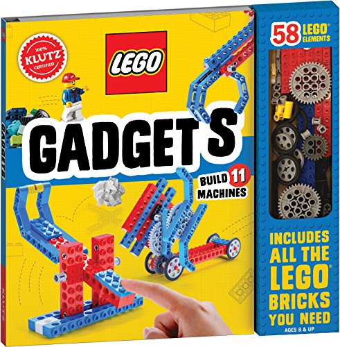 Book with LEGO gadgets and illustrations, likely featuring colorful machines and models inside.