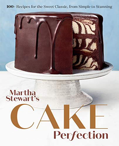 A chocolate-glazed marble cake on a white cake stand, book cover titled Cake Perfection.