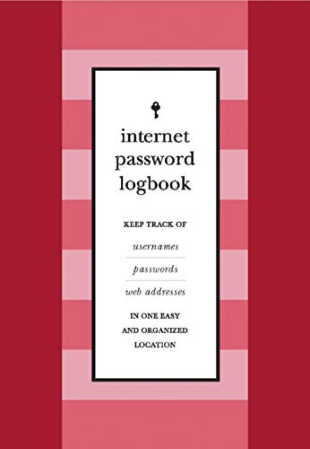 Red journal with white label reading "internet password logbook" and key icon.
