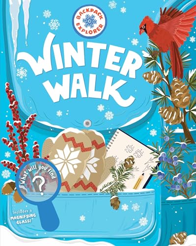 Blue backpack with winter scenes, a cardinal, and magnifying glass.