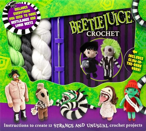 Beetlejuice Crochet kit with yarn, tools, and finished amigurumi characters.