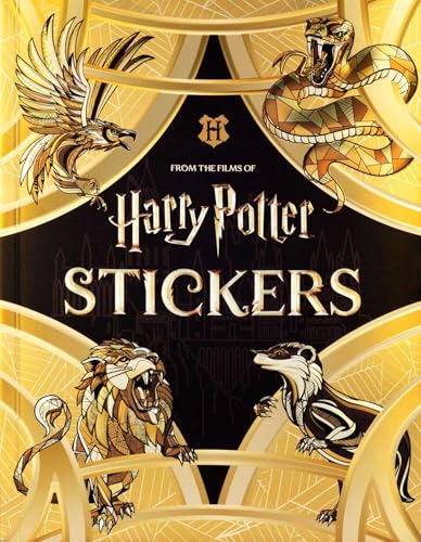 Harry Potter sticker book cover featuring golden Griffin, serpent, lion, and badger.