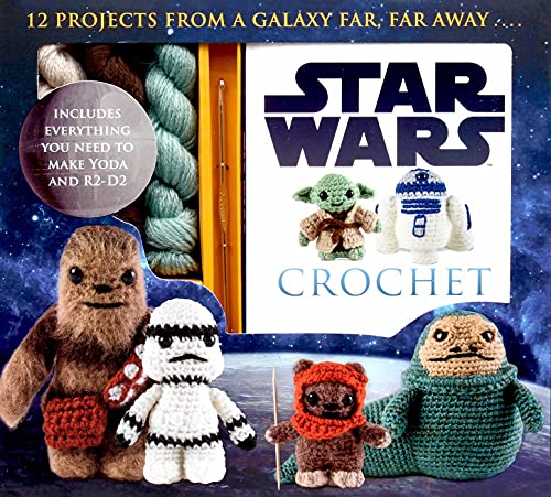 “Star Wars Crochet” book with crocheted characters like Yoda, Chewbacca, and R2-D2.