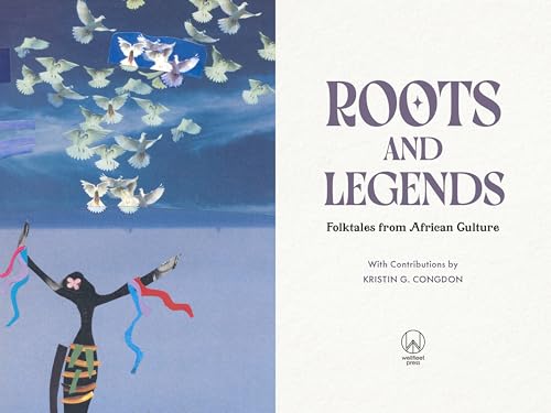 Book cover: “Roots and Legends” with birds, ribbons, and a raised arm.