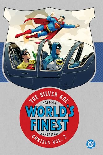 Comic book cover featuring Superman flying above Batman and Robin in the Batmobile.