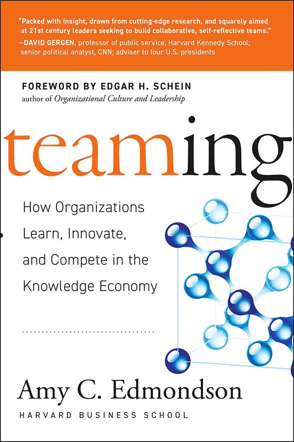 Book cover of Teaming by Amy C. Edmondson with a blue molecular structure graphic.