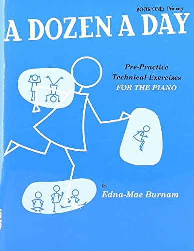 Blue piano exercise book cover with stick figure illustrations.