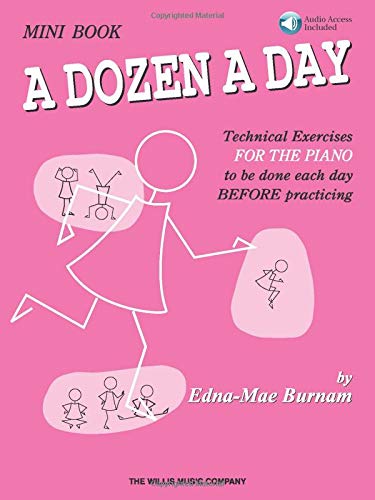 Pink cover of "A Dozen A Day" piano exercise book with stick figures.