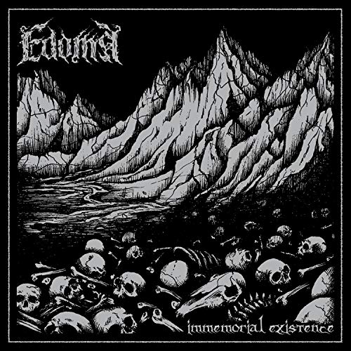 Black and white album cover depicting mountains, water, and scattered skulls.