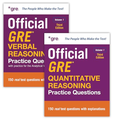Two purple GRE test preparation books, labeled "Verbal Reasoning" and "Quantitative Reasoning".