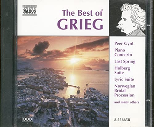 CD cover featuring Edvard Grieg, a sunset over a coastal town, and track titles.