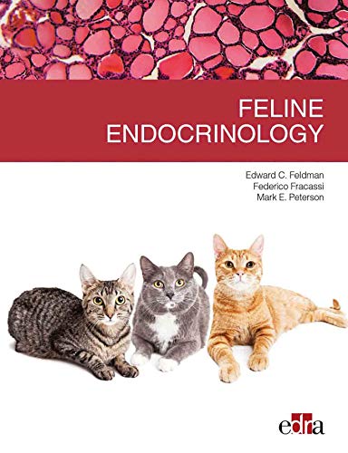 The image shows the cover of "Feline Endocrinology" with three cats and a red banner.