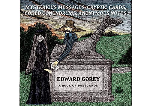 Edward Gorey illustration of a woman and man beside a stone monument in nature.