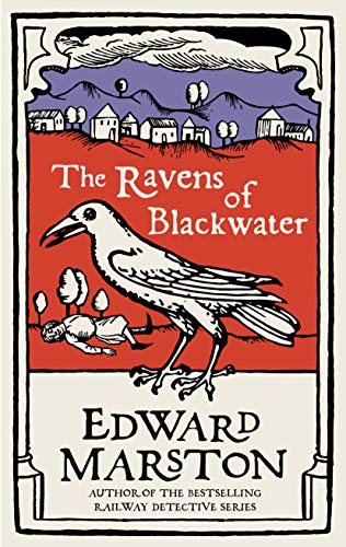 Book cover: raven above a body, village scene, red and purple tones.