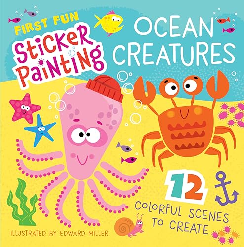 Colorful children's sticker painting book featuring an octopus and crab.