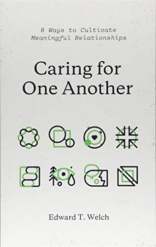 Book cover with title "Caring for One Another" and abstract green icons.