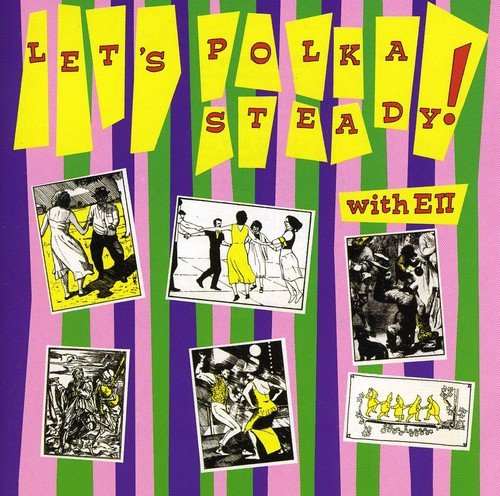 CD cover with colorful stripes, dancing figures, and bold text: "Let's Polkasteady".