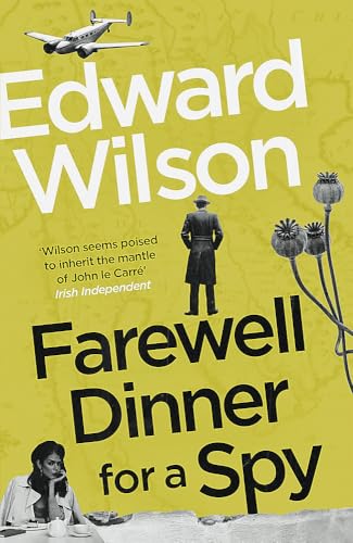 Book cover with a man in a trench coat, a plane, and poppy seed heads.