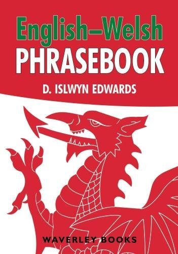 Book cover for English-Welsh Phrasebook featuring a red Welsh dragon on a white background.