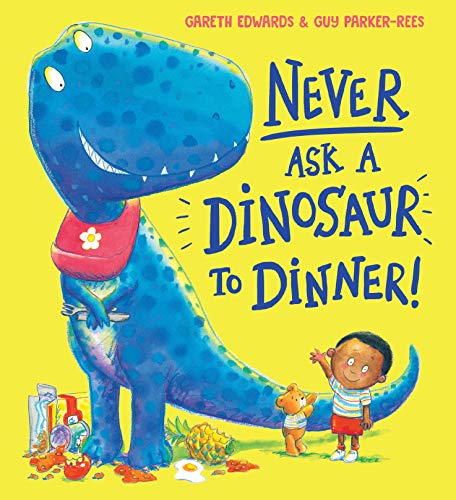 Blue dinosaur with bib, a child waving, and scattered food items.