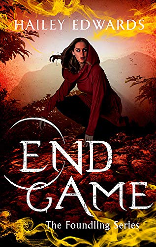 Book cover: woman in a red hooded cloak, fiery background.