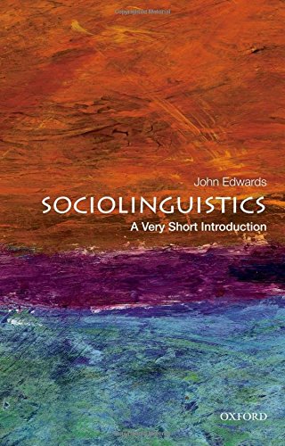 "Sociolinguistics: A Very Short Introduction" book cover with abstract orange, purple, and blue design.