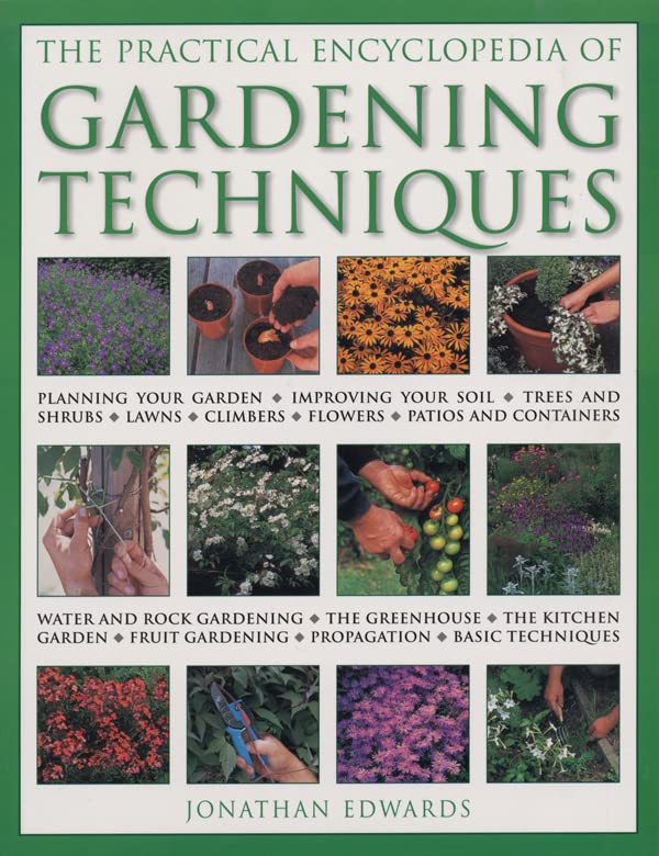 Gardening techniques encyclopedia cover with flowers, plants, and gardening tools pictured.