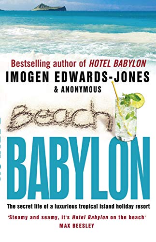 Book cover: "Beach Babylon" with beach scene, drink, and large blue text.