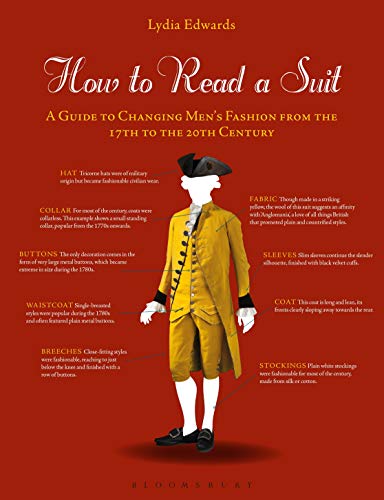 Book cover showing a yellow 18th-century suit with labels describing its historical fashion features.
