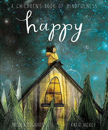A child sits on a roof under a starry night sky above pine trees.