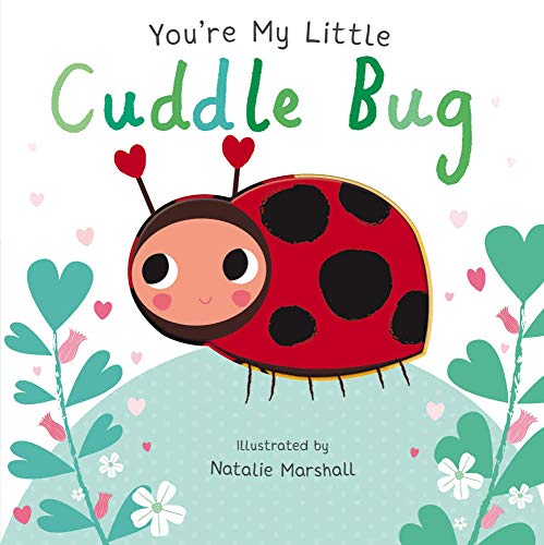 A cartoon ladybug with heart-shaped antennae on a white background with green hearts.
