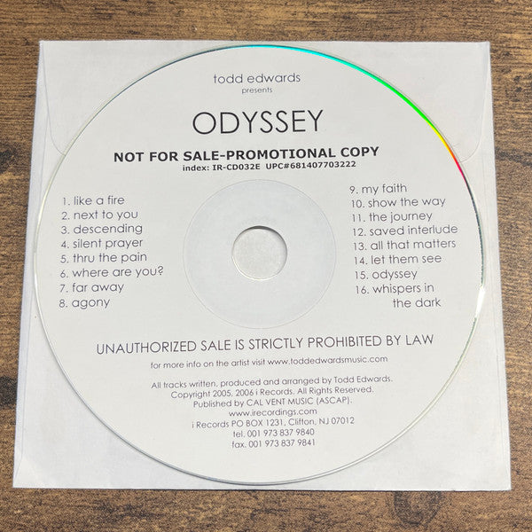 CD labeled "Odyssey" by Todd Edwards with tracklist and legal warnings.