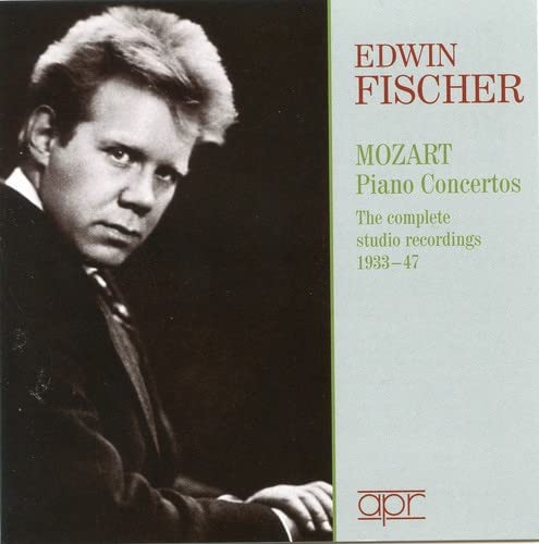 CD cover featuring pianist Edwin Fischer, text reading "Mozart Piano Concertos".