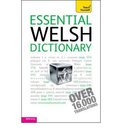 Cover of "Essential Welsh Dictionary" with sample Welsh words and translations.