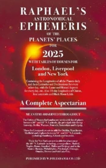 Cover of Raphael's Astronomical Ephemeris 2025 with white text on a red space background.