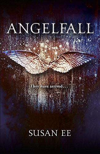 Book cover: "Angelfall" with angel wings against a dark, textured background.