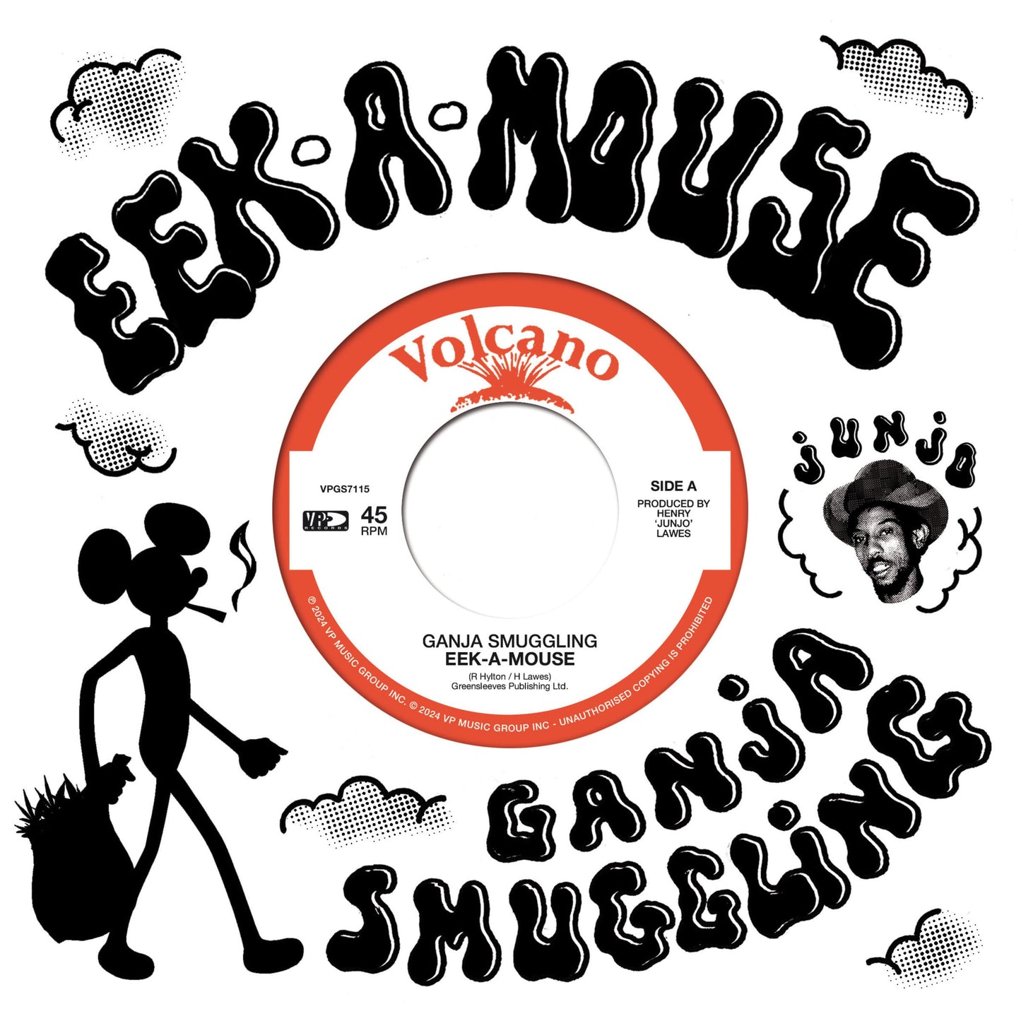 Vinyl record label for Eek-A-Mouse’s “Ganja Smuggling,” with illustrated graphics.