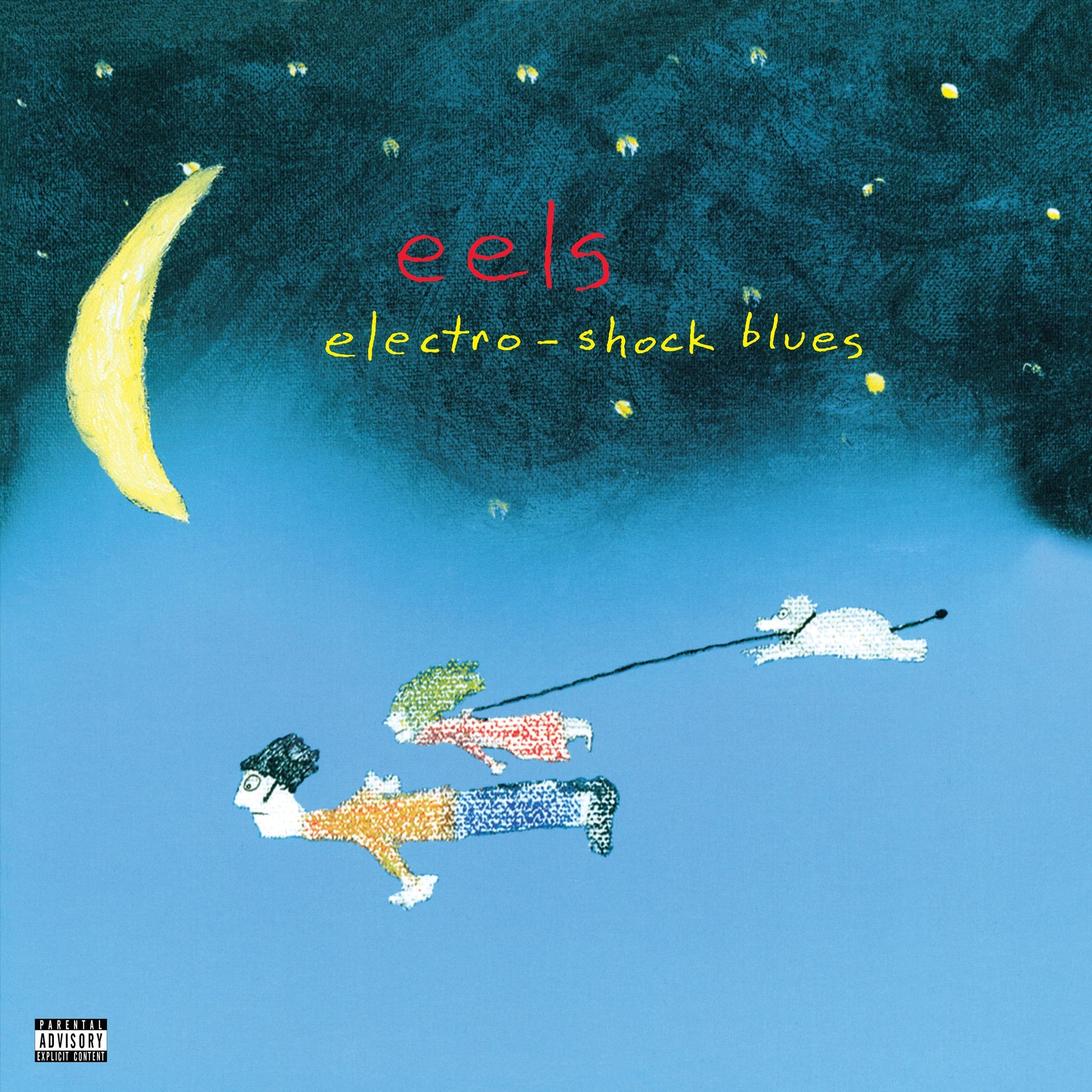 Eels album cover: illustrated figures pulled by a cloud under a moon.