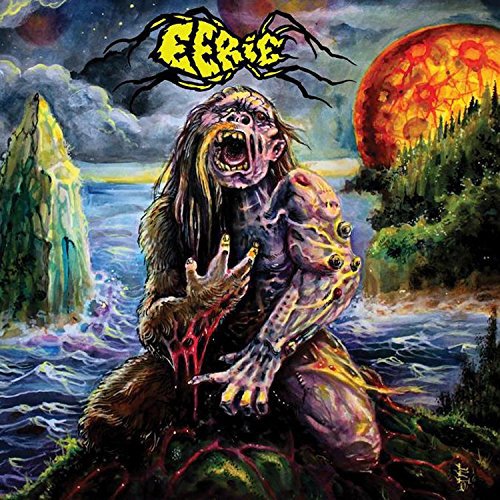 "Album cover art featuring a grotesque, monster-like creature on a rocky shore."