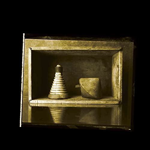 Dark, moody album cover featuring two abstract wooden shapes in a niche.
