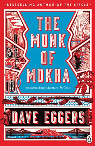 "The Monk of Mokha" book cover with red, white, and blue illustrations and text.