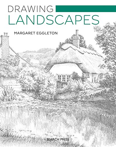 Book cover titled Drawing Landscapes by Margaret Eggleton featuring a pencil sketch of cottages.