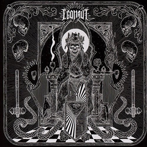 Black and white album cover with a skeletal figure on a throne.