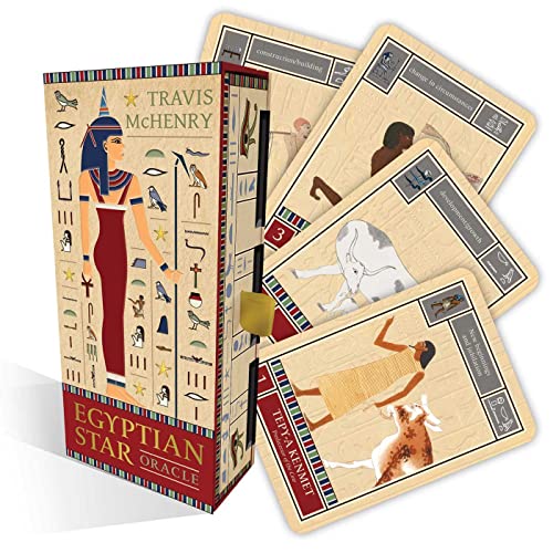 Egyptian Star Oracle cards and box featuring ancient Egyptian imagery.