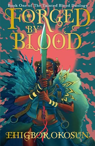 Book cover: warrior woman with spear, ornate details, red and teal tones.