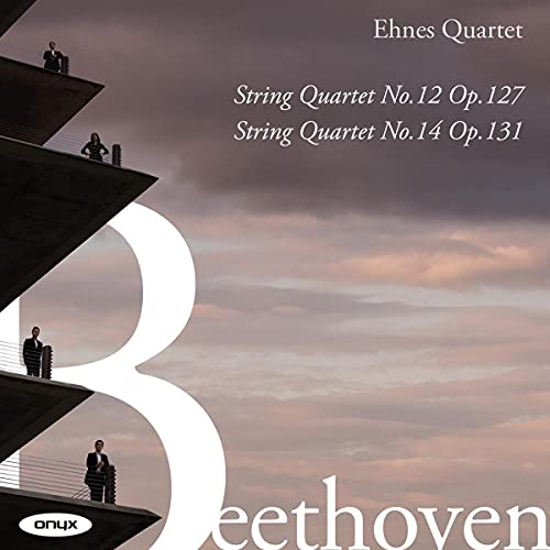 CD cover with quartet members on abstract architectural forms.