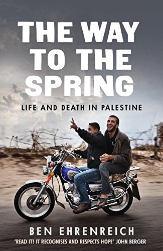 Book cover: two men on a motorcycle in Palestine, cloudy sky.