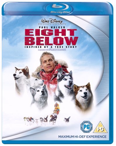 Blu-ray cover for Eight Below featuring Paul Walker and several sled dogs in snow.